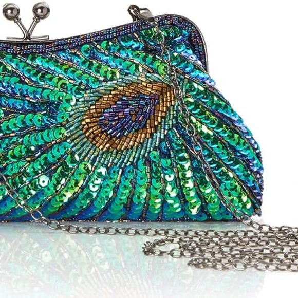Peacock Feather 20s 30s Retro Sequin Clutch Purse Blue Green Bag Crossbody Chain - Picture 10 of 14